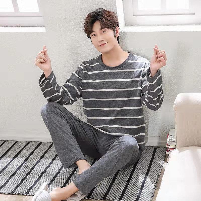 Pajamas for Men Spring & Fall Imitation Cotton Long-Sleeved Can Be Worn Outside All Seasons Casual Stripesd Plus Size Loose Men's Home Wear Set