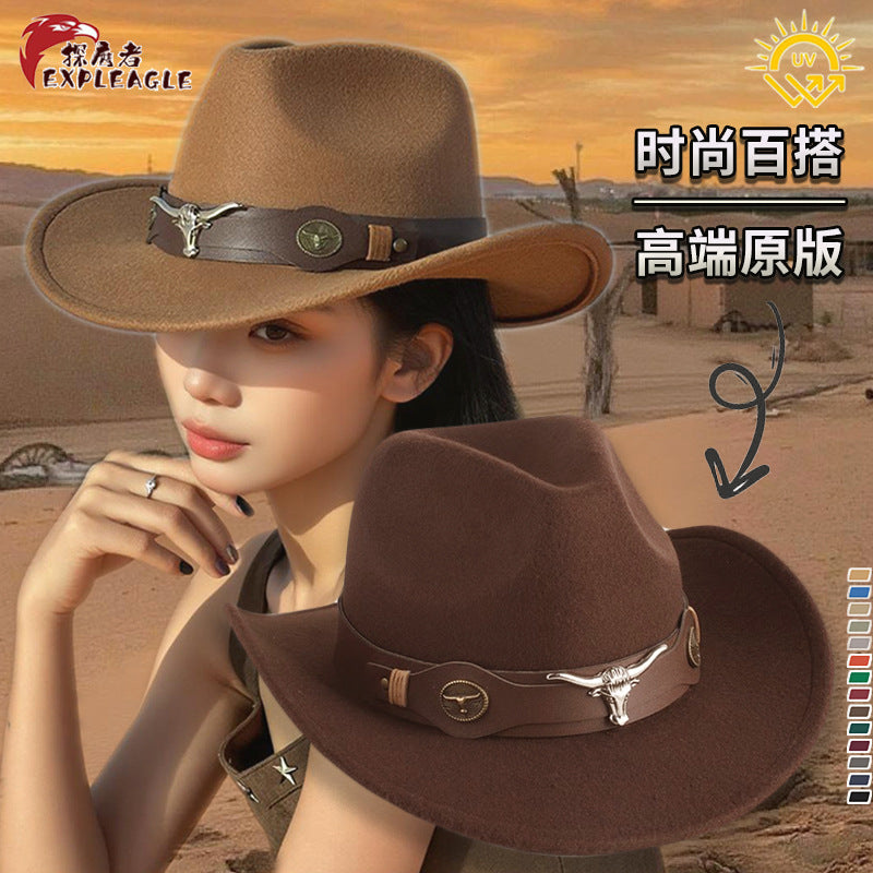 American Retro Western Knight Hat Men's Top Hat Spring and Autumn Jazz Hat Women's British Casual High-End Large-Brimmed Woolen Hat Women's
