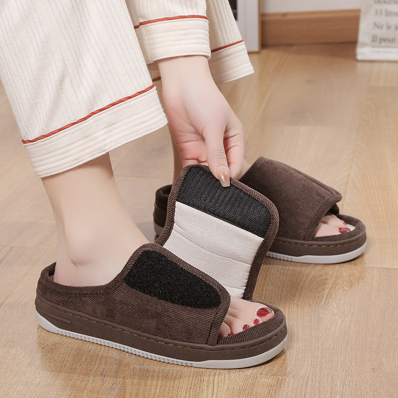 Velcro Adjustable Linen Slippers for Middle-Aged and Elderly People Breathable Foreign Trade Large Size Men and Women Outer Wear Non-Slip Home Shoes for the Elderly