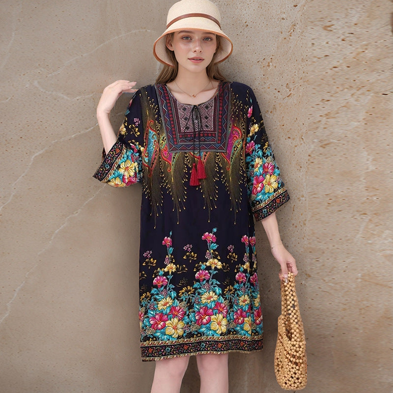 Summer Cross-Border Women's Cotton Silk Floral Dress Women's Ethnic Style Skirt Retro Thai Style Mother's Dress Women's Skirt