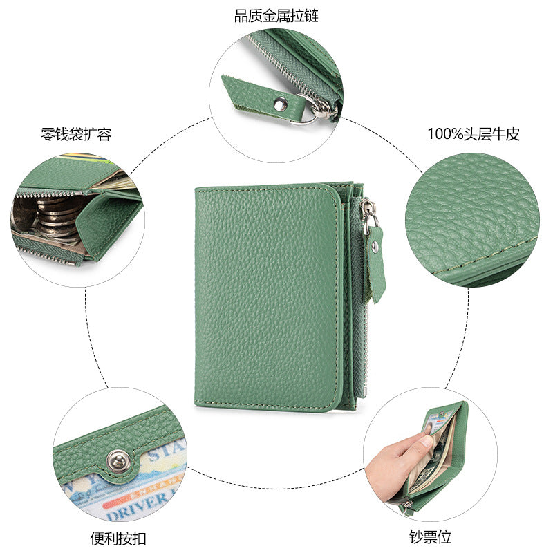 2025 Short Wallet Women's Genuine Leather Ultra-Thin Wallet Card Holder High-End First-Layer Cowhide Wallet Japanese Cross-Border