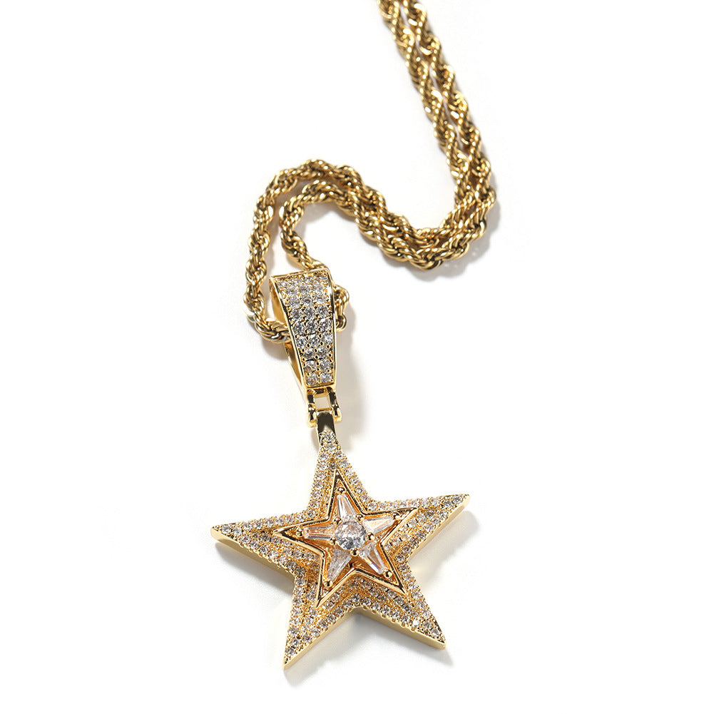 New European and American Style Hip-Hop Diamond-Encrusted Rotating Five-Pointed Star Pendant Necklace Amazon Hot-Selling Trendy Street Accessories