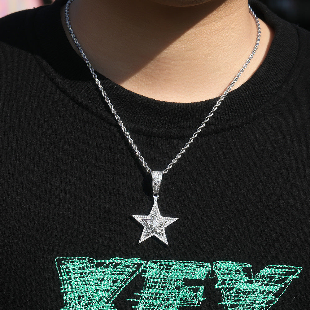New European and American Style Hip-Hop Diamond-Encrusted Rotating Five-Pointed Star Pendant Necklace Amazon Hot-Selling Trendy Street Accessories