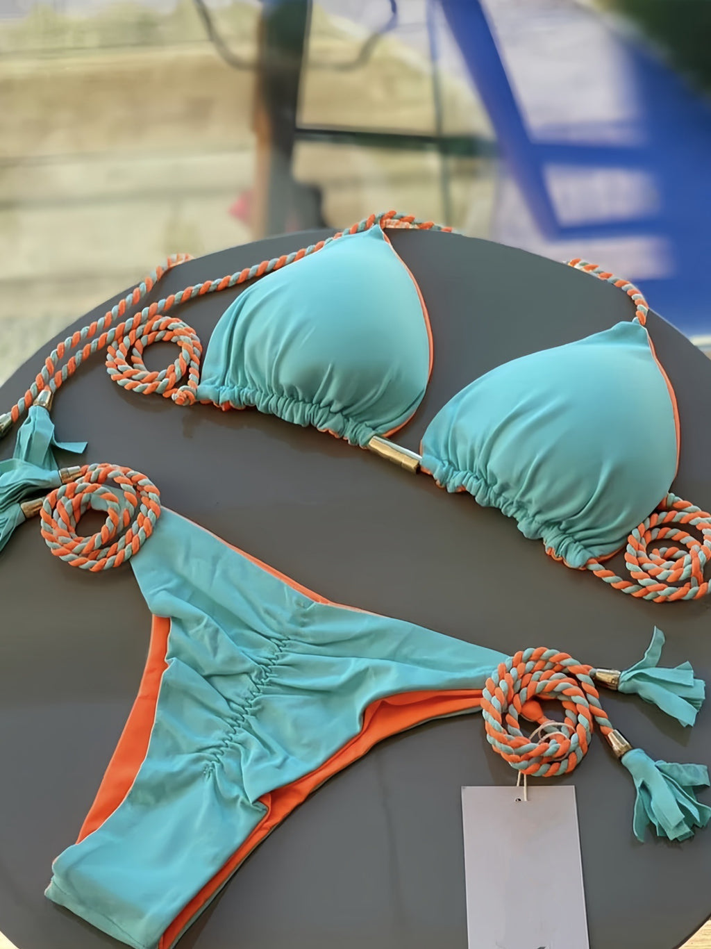 2025 new solid color fabric rope bikini triangle swimsuit Amazon European and American swimsuit in stock