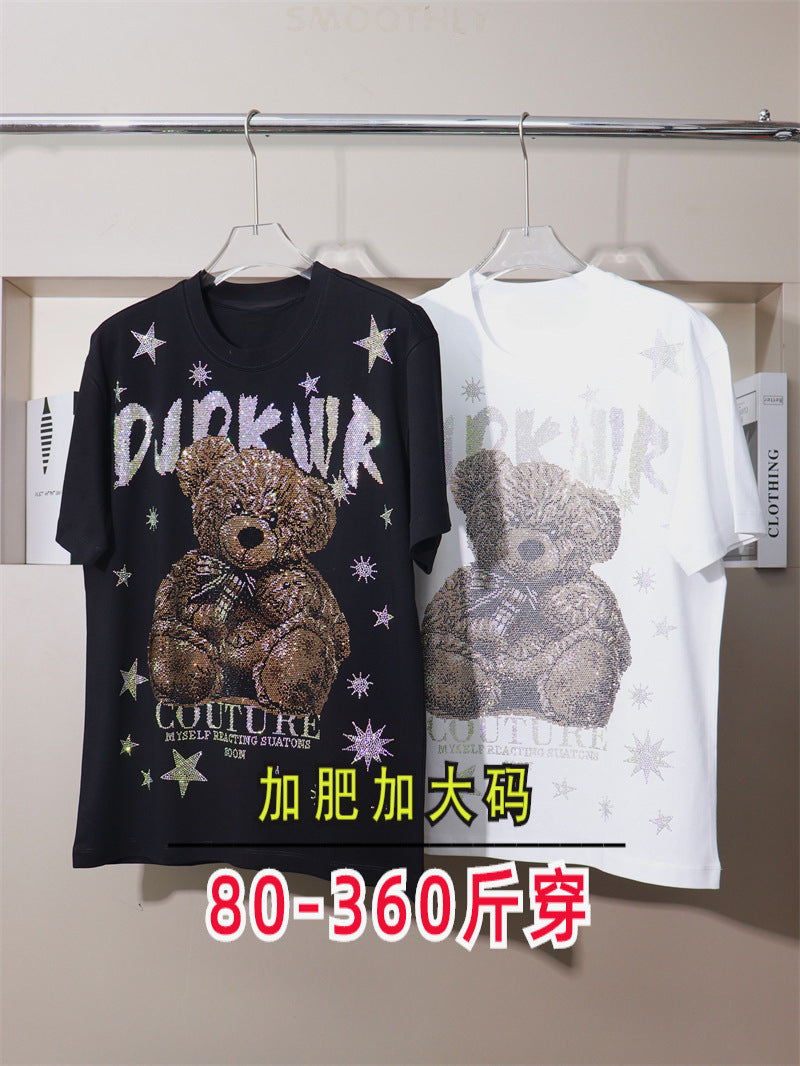 170kg T-Shirt with Rhinestone Letters and Cartoon Bear Design, Wide Short Sleeves, Plus Size 9XL for Big and Tall Individuals