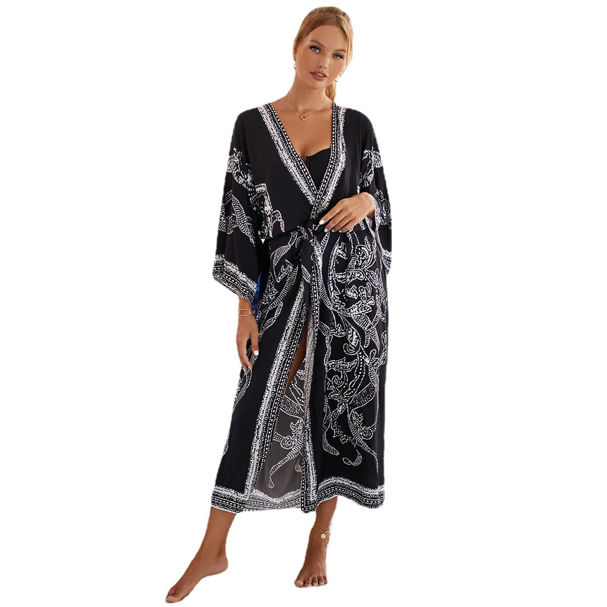 2023 New European and American Cotton Print Beach Jacket Sexy Sun Protection Cardigan Holiday Bikini Overshirt Women