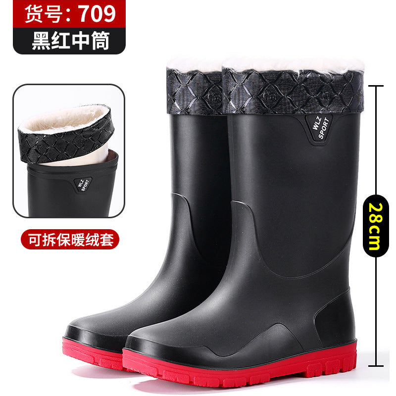 New Foreign Trade Style High-Tube Men's Water Boots, Mid-Tube Outdoor Waterproof Non-Slip Long-Tube Warm Thickened Fishing Rubber Shoes