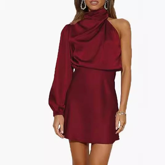 Spring 2024 Women's Satin Shoulder Long Sleeve Mini Skirt Silk Long Sleeve Crewneck Cocktail Skirt