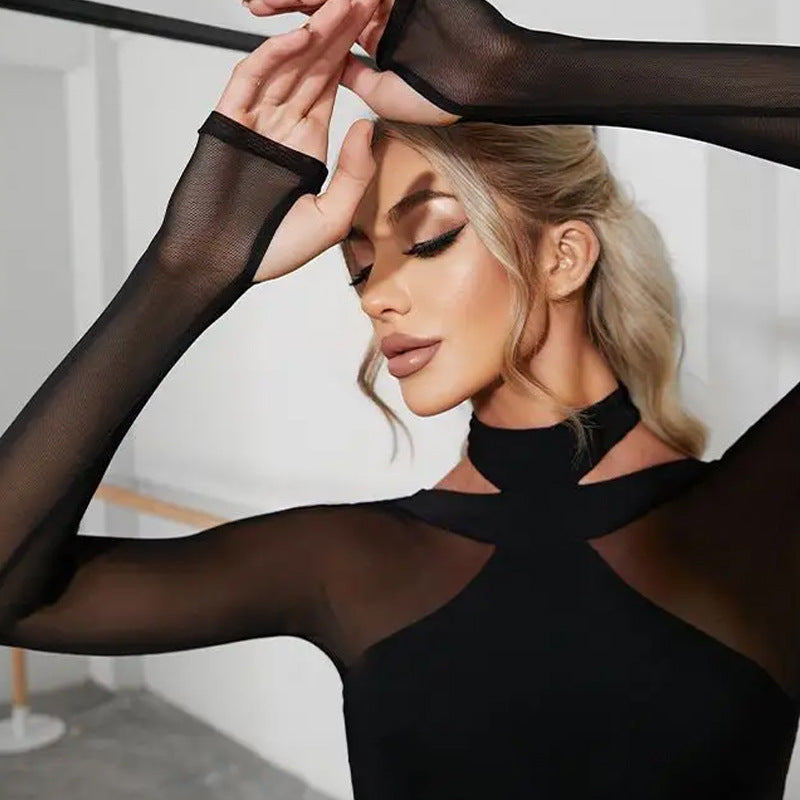 2025 spring and summer new mesh stitching jumpsuit European and American women's sexy stretch tight jumpsuit cross-border e-commerce
