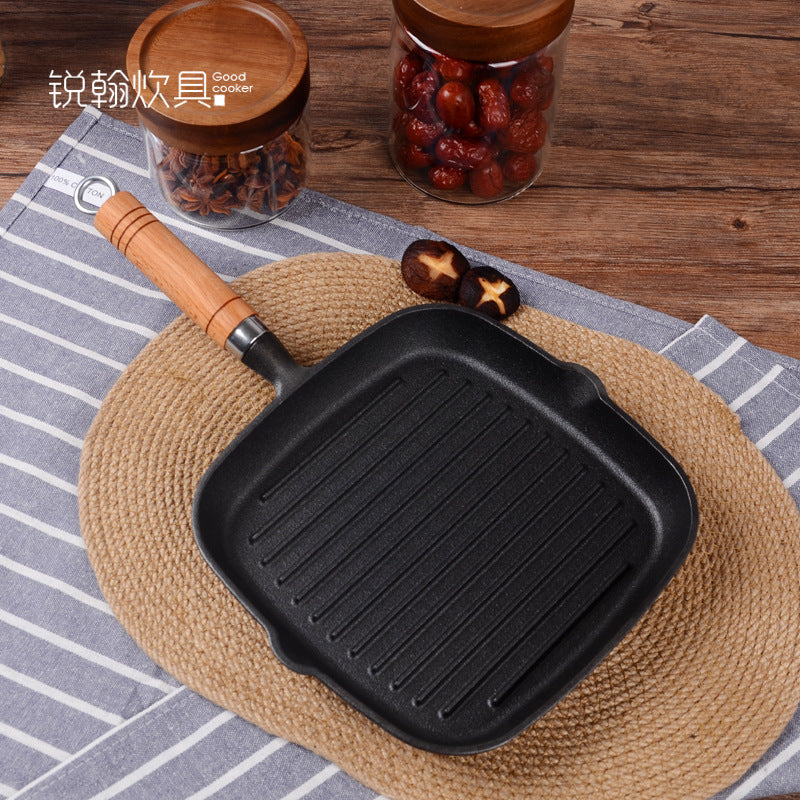 Cast Iron Steak Frying Pan Pot Iron Striped Baking Pan Steak Frying Pan Uncoated Thickened Pan Factory Direct Wholesale