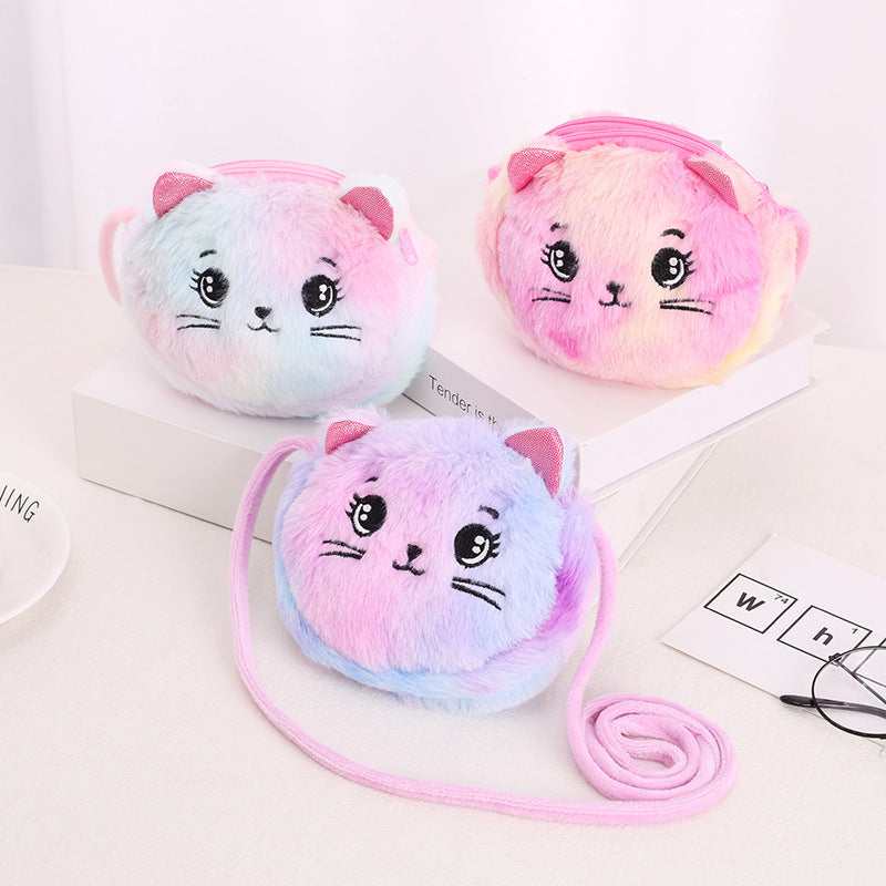 Children's Cat Plush Crossbody Bag Girl's Heart Cute All-match Cartoon Shoulder Crossbody Bag Double Zipper Coin Purse