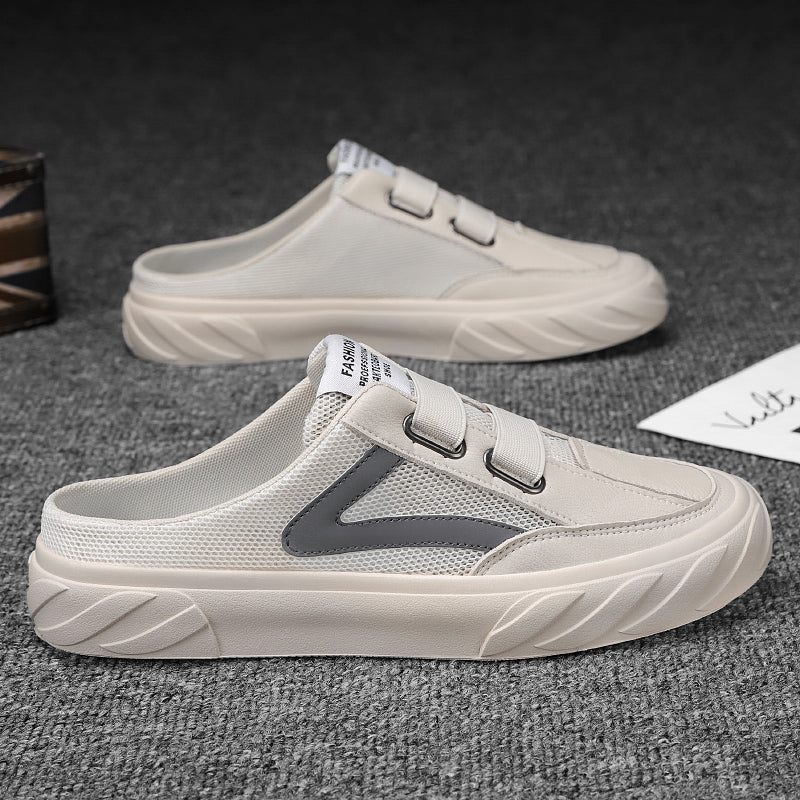 Canvas Shoes Men's Half-Slip Summer Mesh Breathable Trendy Casual Thin Toe-Toe Heelless Lazy Slip-On Trendy Shoes