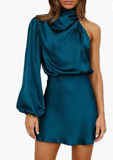 Spring 2024 Women's Satin Shoulder Long Sleeve Mini Skirt Silk Long Sleeve Crewneck Cocktail Skirt