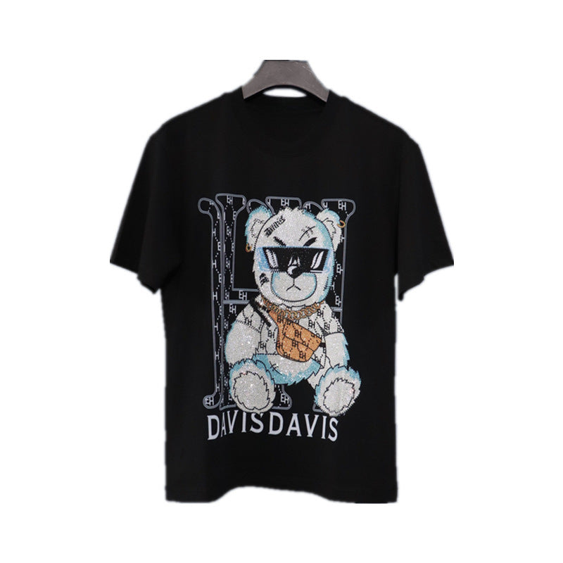 Xs-9Xlpp Printed Rhinestone H Bear Cartoon Short-Sleeve T-Shirt for Big and Tall Individuals, Casual Round Neck, Breathable, Trendy, Lightweight Style