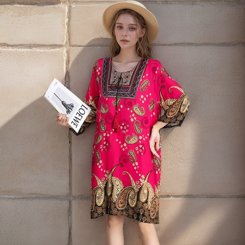 Summer Cross-Border Women's Cotton Silk Floral Dress Women's Ethnic Style Skirt Retro Thai Style Mother's Dress Women's Skirt