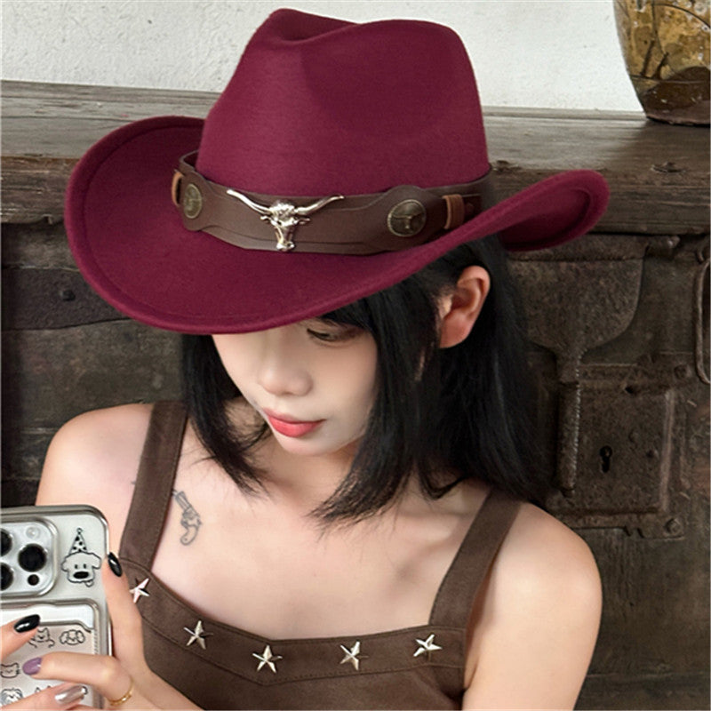 2026 New Style Western Cowboy Hat Ethnic Style Bull Logo Rolled Brim Vintage Riding Hat Large Brim Wool Felt Hat Trendy