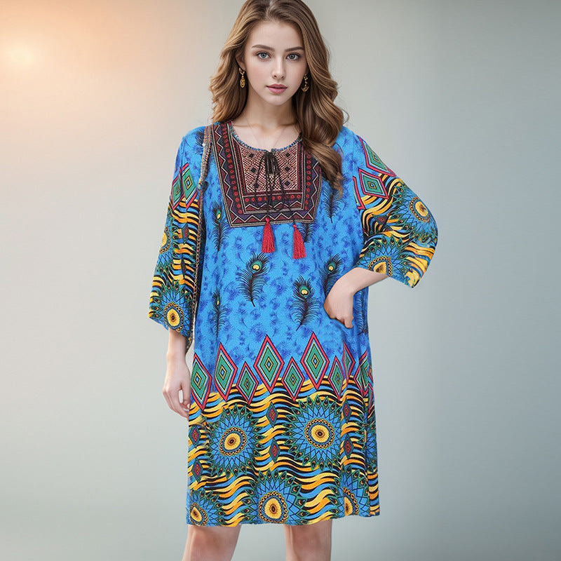 Summer Cross-Border Women's Cotton Silk Floral Dress Women's Ethnic Style Skirt Retro Thai Style Mother's Dress Women's Skirt