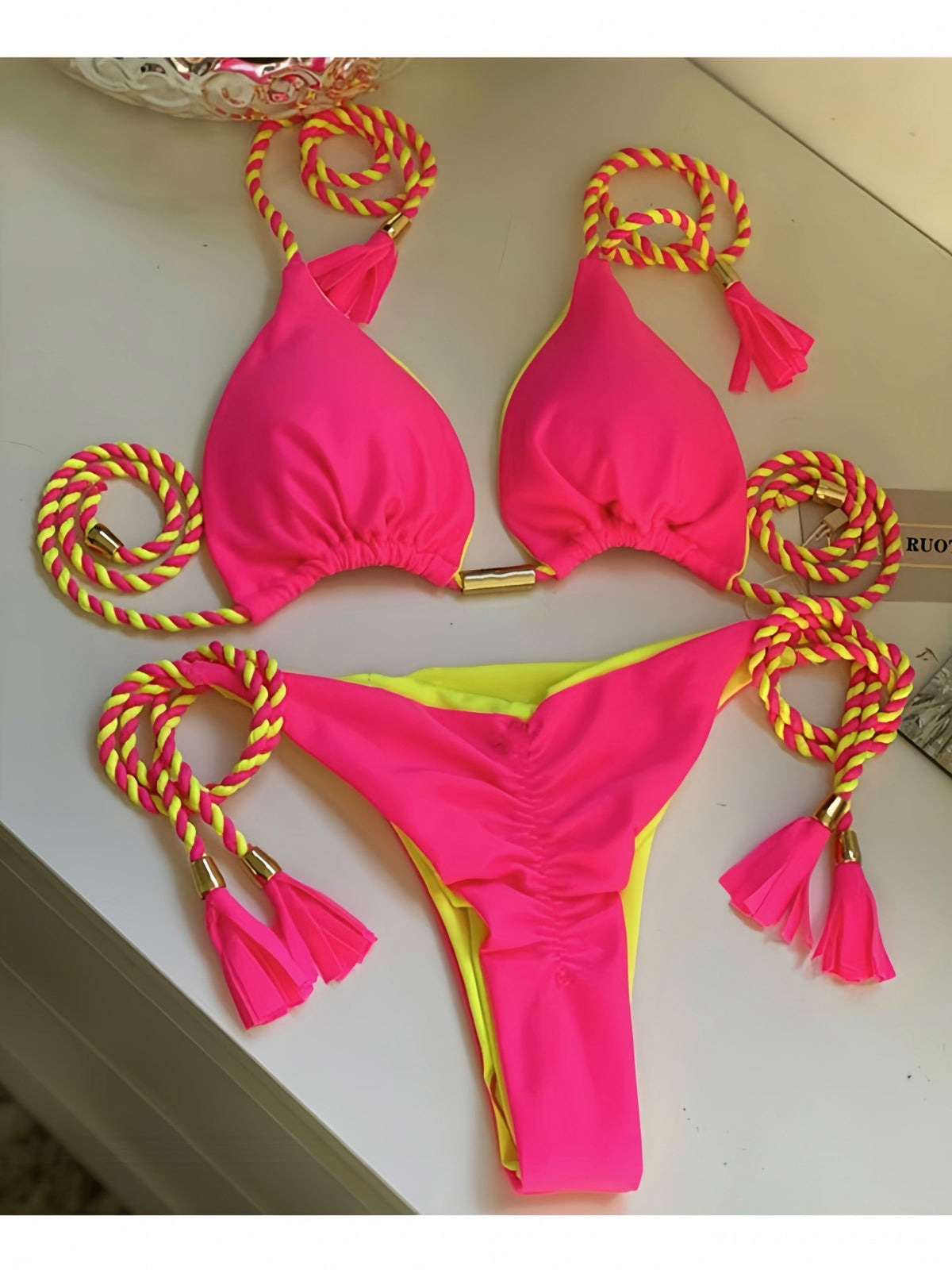 2025 new solid color fabric rope bikini triangle swimsuit Amazon European and American swimsuit in stock