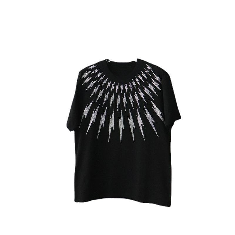 23 Large Edition Heavy-Duty Rhinestone Front and Back Lightning Design Unisex Loose Short-Sleeve T-Shirt Plus Size for Big and Tall Versatile Pure Cotton