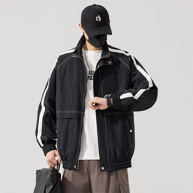 Spring and Autumn Men's Large Size Casual Sports Jacket Men's Fat Boys Plus Fat Extra Large American Trendy Brand Stand Collar Jacket Men's Clothing