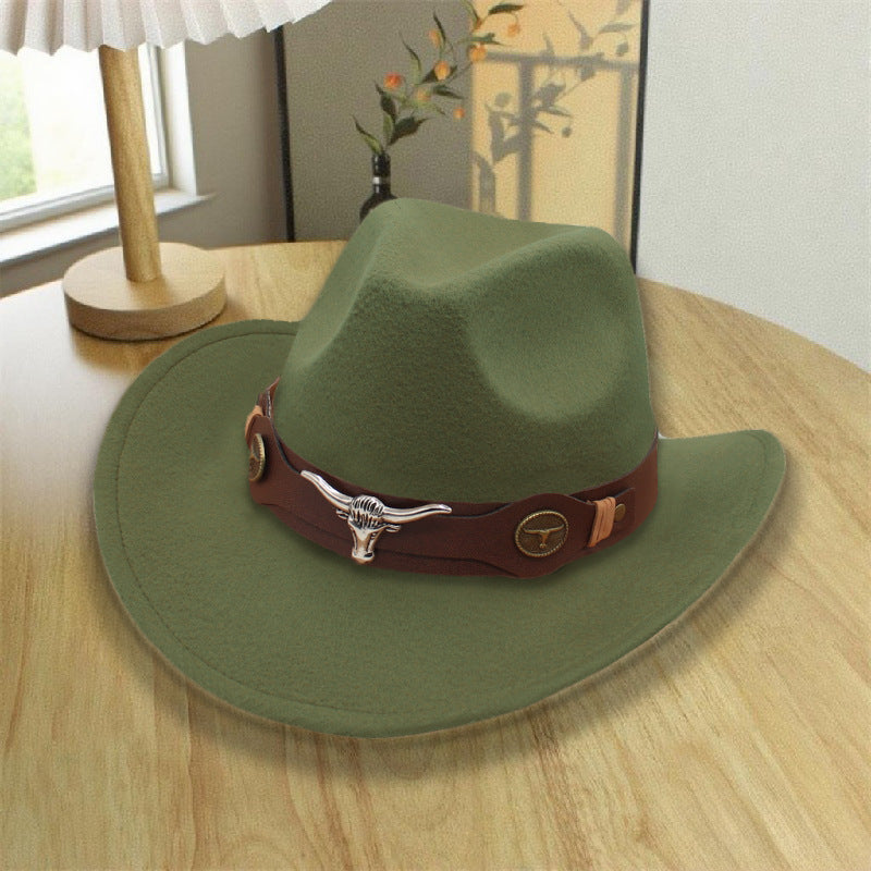 2026 New Style Western Cowboy Hat Ethnic Style Bull Logo Rolled Brim Vintage Riding Hat Large Brim Wool Felt Hat Trendy