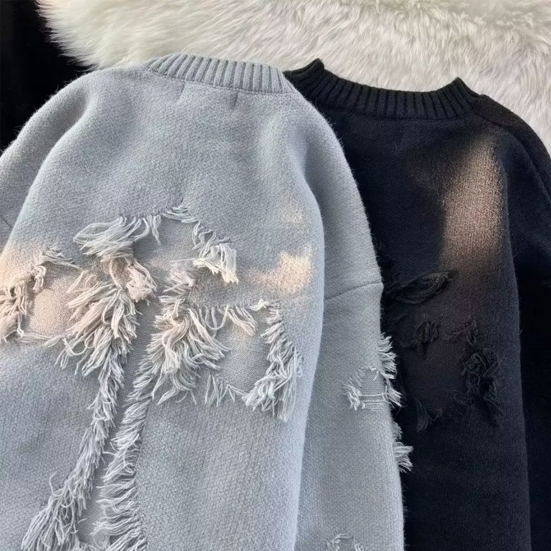 Autumn and Winter ripped sweater men's round neck pullover fashion brand High Street American Retro Japanese youth sweater