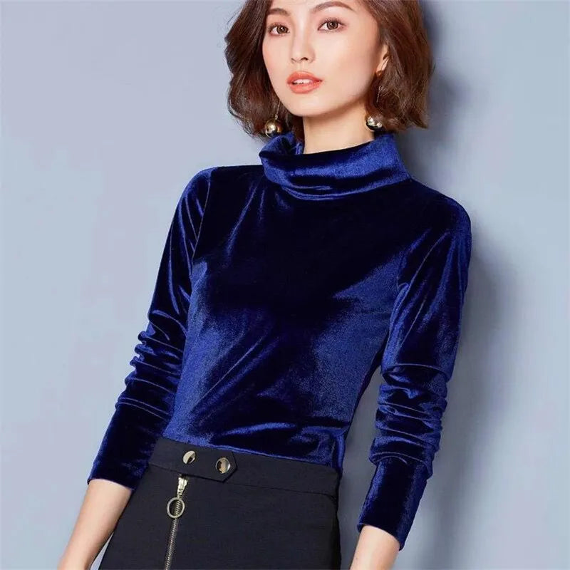 French Turtleneck Bottoming Tops Autumn Long Sleeves Velvet Basic T-Shirts Fashion Lady Office Elegant Solid Large Size Shirts