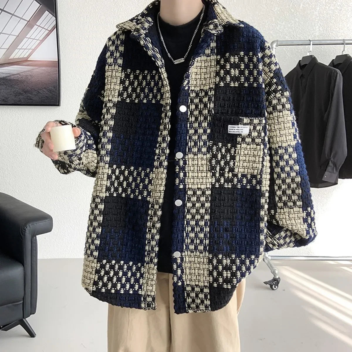 Fashion Loose Spell Color Grid Single Breasted Lapel Jacket, Men's Spring and Autumn New Casual Handsome Jacket with Pockets