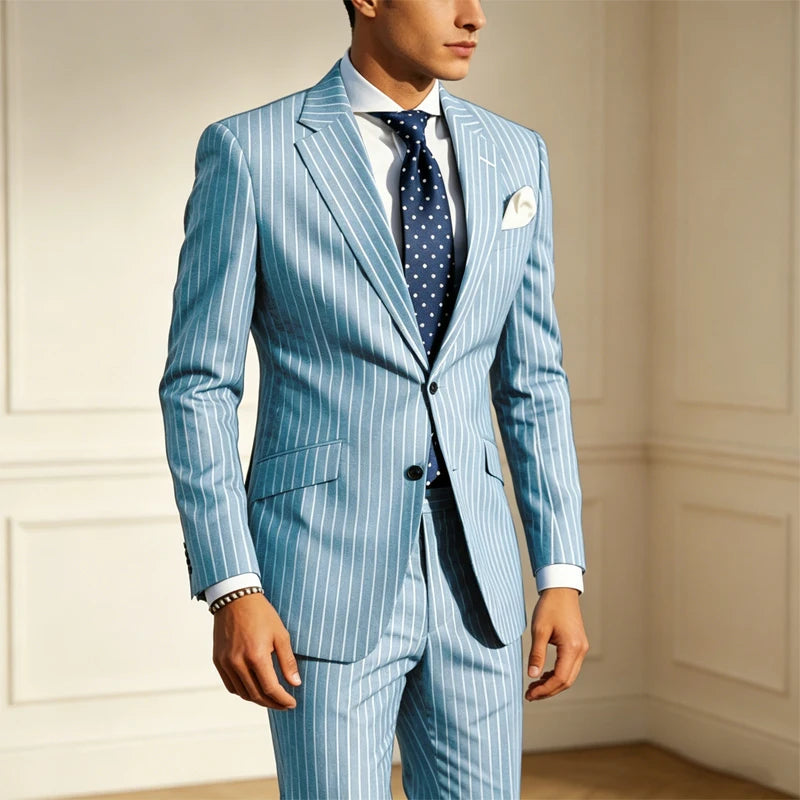 Men's Classic Stripe Suits 2 Piece ( Blazer+Pants ) Notch Lapel 2 Buttons Slim Fit Jacket & Trousers for Business Casual Wedding