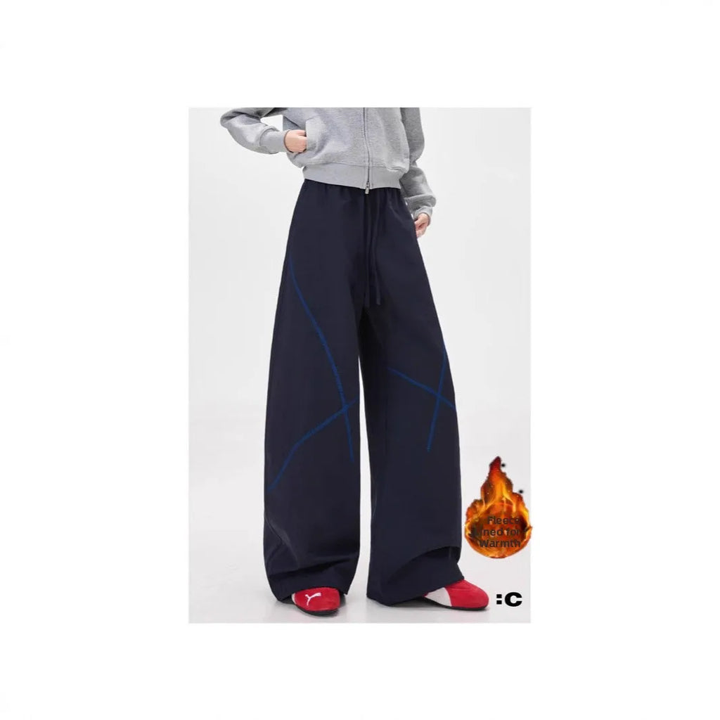 American High Street Thickened Fleece Lined Straight Leg Sporty Casual Pants Autumn Winter Unisex Wide Leg Pants