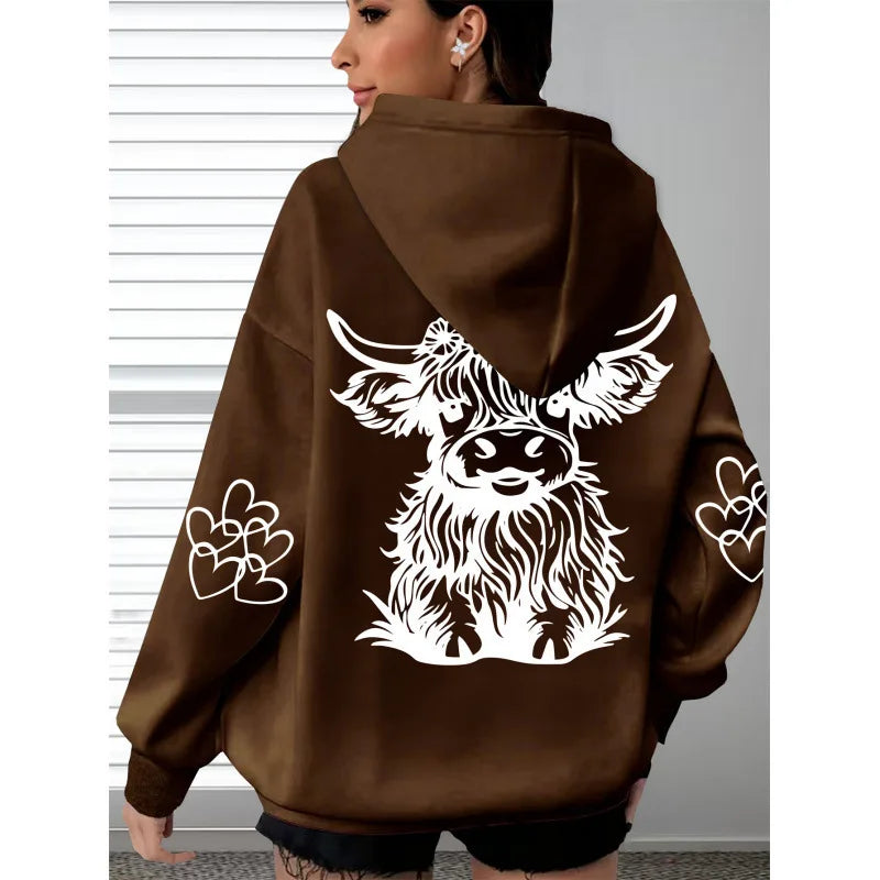 Spring and Autumn Women's Hoodie with Highland Cow Print and Claw Heart Design, Large Comfortable and Soft Long Sleeve Hoodie