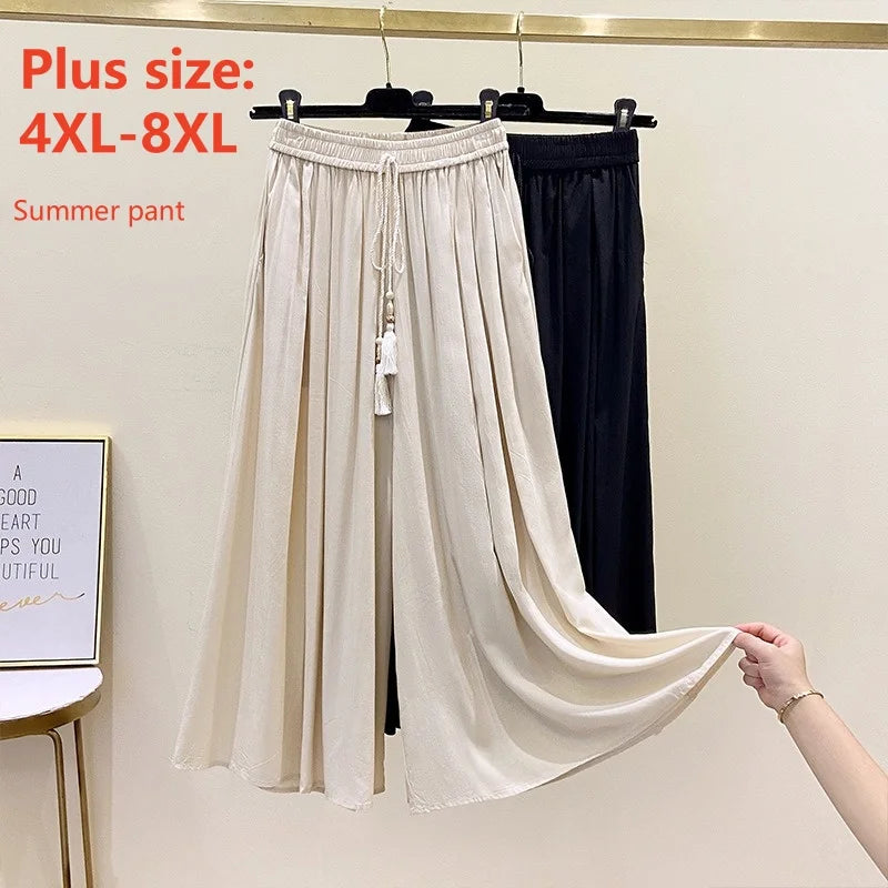 Summer Women Pants Large Size 8XL 150KG Silk Cotton Wide-leg Thin Ethnic Elastic High Waist Calf-Length Casual Female Trousers