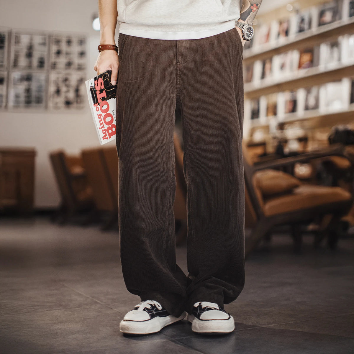 Maden Corduroy Pants for Men Thick Warm Wide Leg Straight Trousers Autumn Winter Retro Casual Brown Corduroy Long Pants
