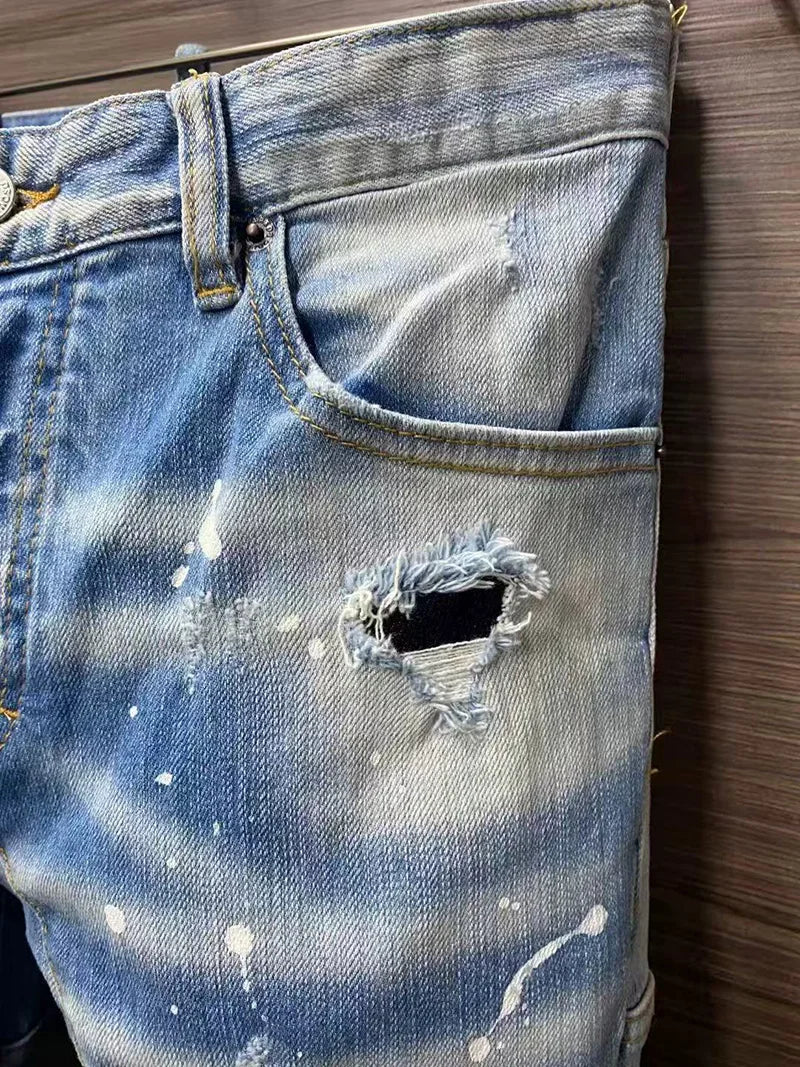 Baggy Jeans For Man Pants Distressed Jeans Trendy Streetwear Slim Straight Leg Stretch Trousers Mens Fashion