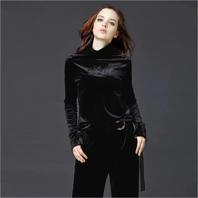 French Turtleneck Bottoming Tops Autumn Long Sleeves Velvet Basic T-Shirts Fashion Lady Office Elegant Solid Large Size Shirts