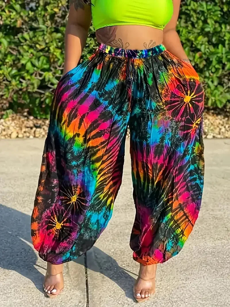 Women Fashion Plus Size 1XL-5XL Tie Dye Comfort Wide Leg Pants Female Casual Vacation High Waisted Loose Long Trousers