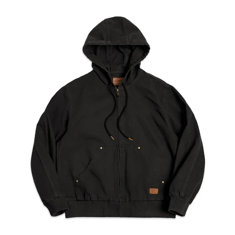 Maden Men's Vintage J130 Jacket Heavyweight Canvas Hooded Jackets Classic Zip Front Drawstring Hem Coat Outerwear for Autumn