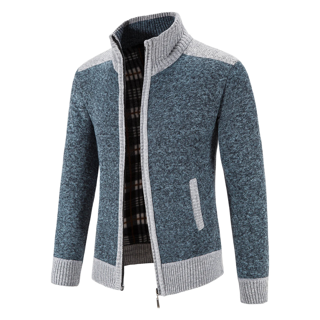 Autumn Winter Male Sweater Coat Knit Jumpers Fleece Warm Jacket Korean Mock Collar Patchworked Zip Windbreaker Men's Overcoat