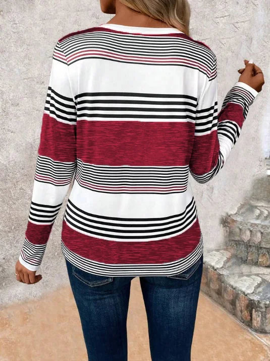 Elegant and casual button-front striped women's T-shirt, long-sleeved T-shirt with gray and white horizontal stripes, round-neck
