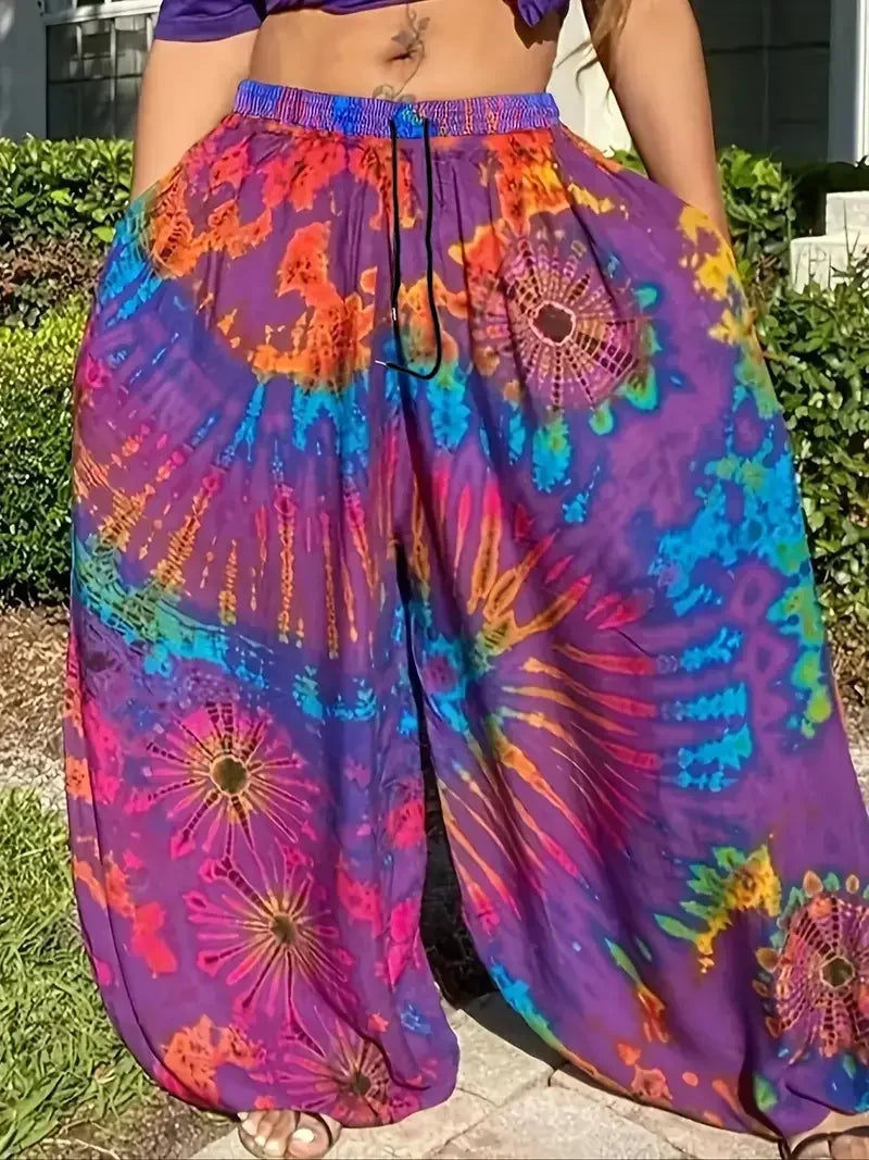 Women Fashion Plus Size 1XL-5XL Tie Dye Comfort Wide Leg Pants Female Casual Vacation High Waisted Loose Long Trousers