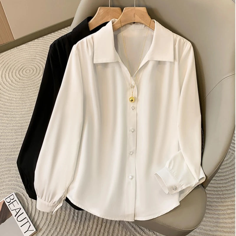 White Long Sleeve Polo Collar Shirt for Women Plus Size Spring Autumn Fashionable Base Layer Blouse French Style Premium Feeling