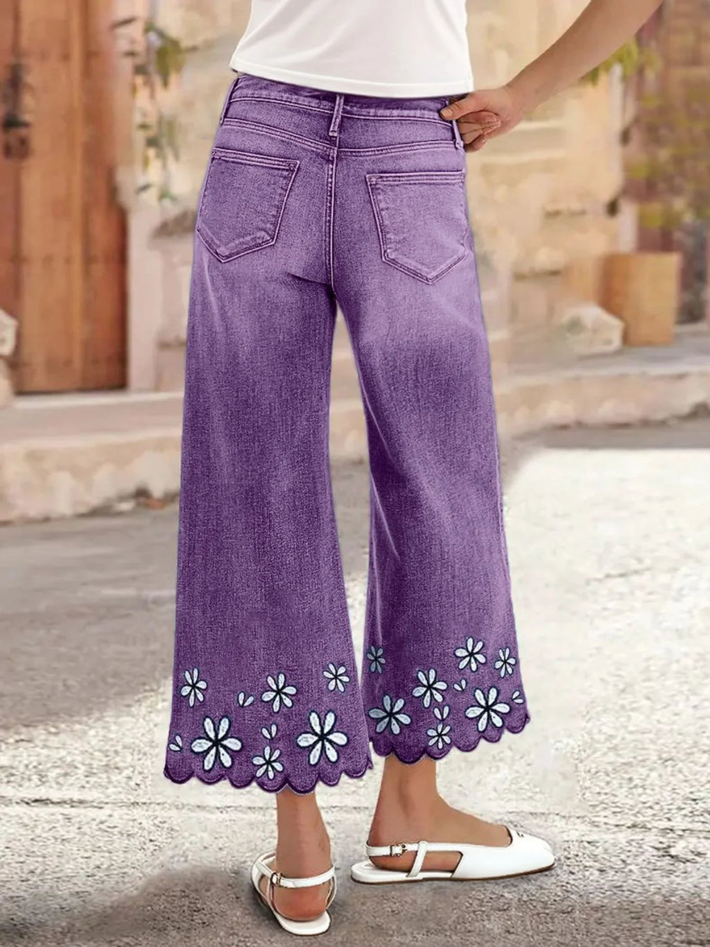 Plus Size Womens Loose Fit Jeans Printed Denim Pants Elastic Waist Comfort Stretch Trousers Floral Embroidery Women's Pants