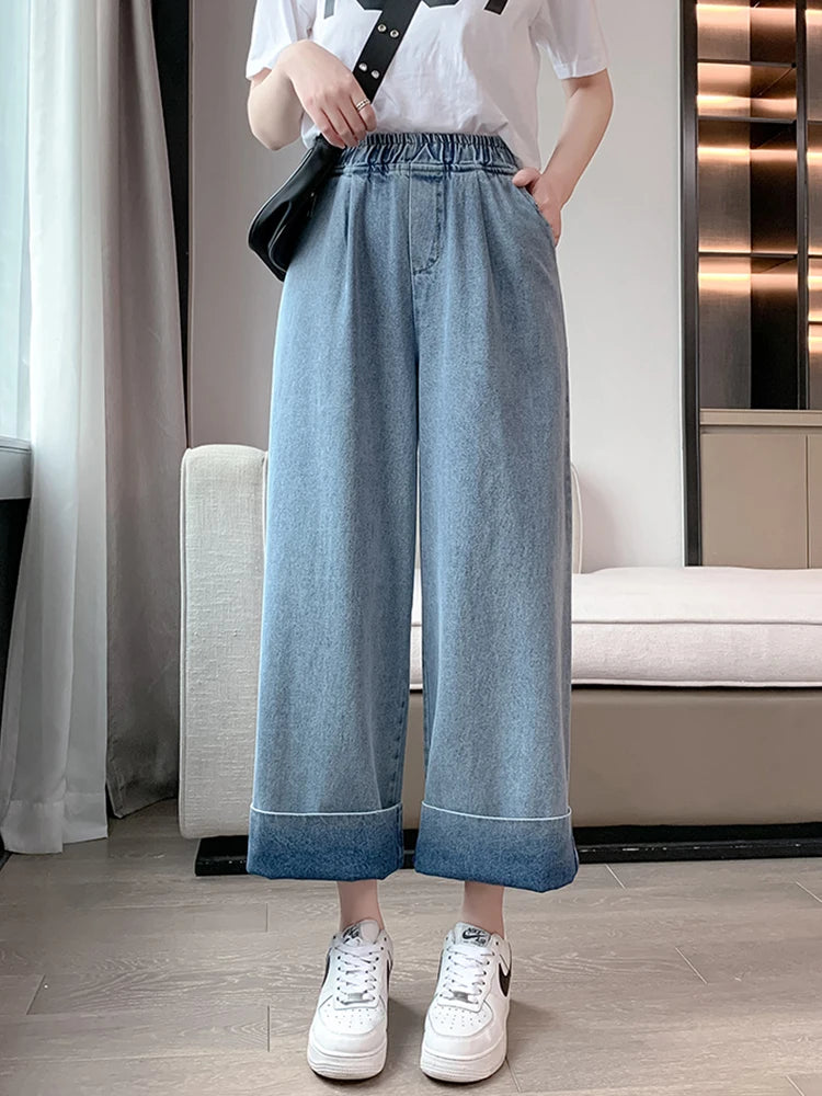 Casual Mom Baggy Jeans For Woman Autumn Loose Plus Size Wide Leg Jeans Straight Elastic High Waisted Denim Pants Women Slacks