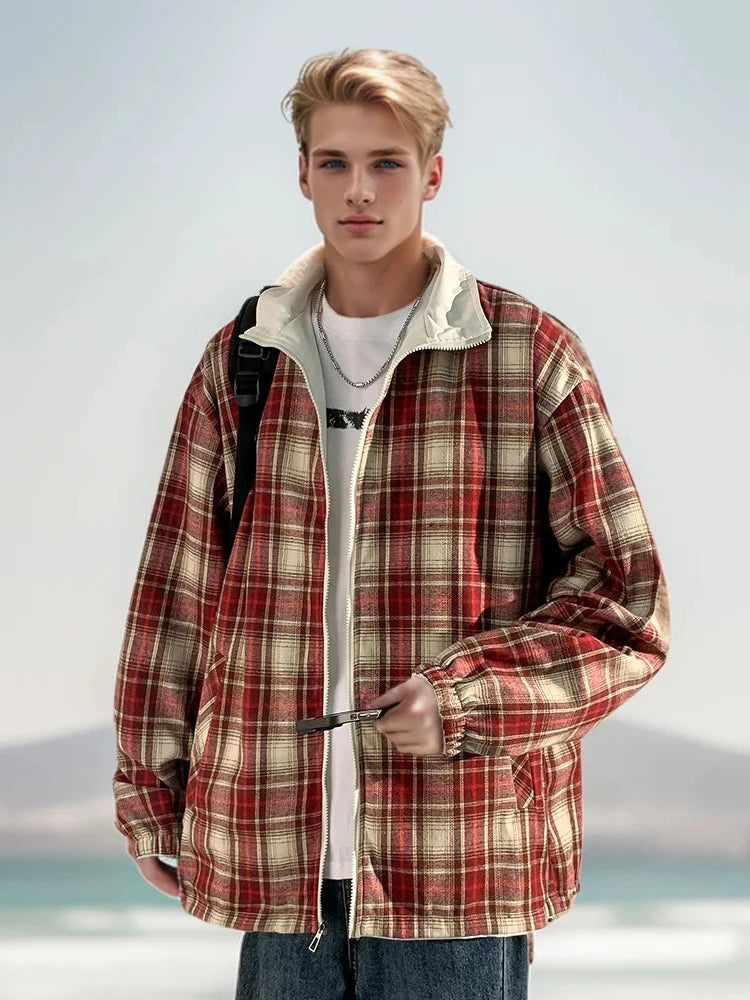 Una Reta Harajuku Jacket Men Autumn New Hip hop Double Sided Wear Coat Streetwear Casual Plaid Loose Jackets Man