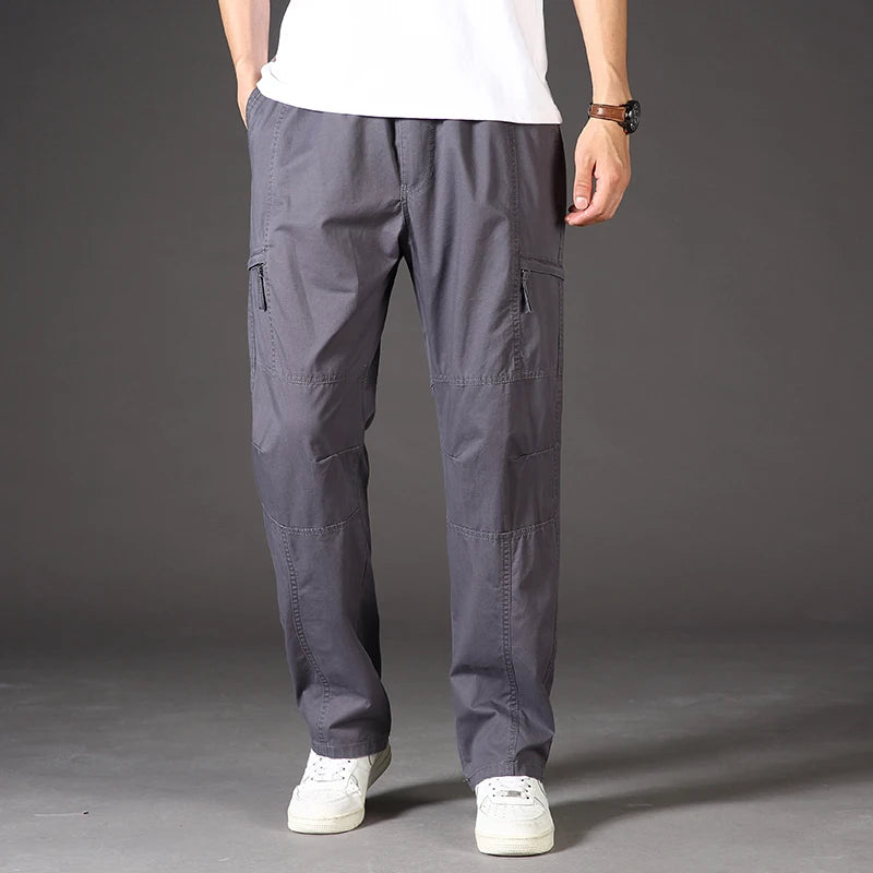 Classic Man Casual Cargo Pants Zipper Pockets Big and Tall Sports Outdoor Outfits Khaki Grey Men's Trousers