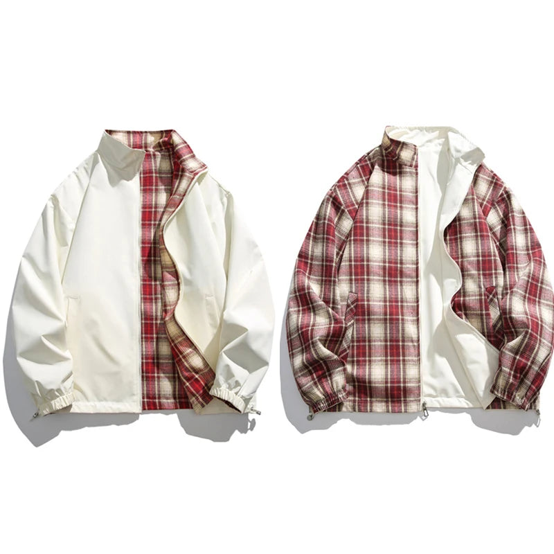Una Reta Harajuku Jacket Men Autumn New Hip hop Double Sided Wear Coat Streetwear Casual Plaid Loose Jackets Man