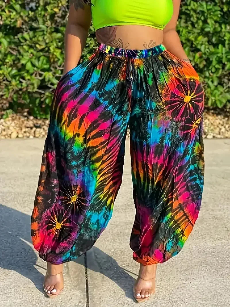 Women Fashion Plus Size 1XL-5XL Tie Dye Comfort Wide Leg Pants Female Casual Vacation High Waisted Loose Long Trousers