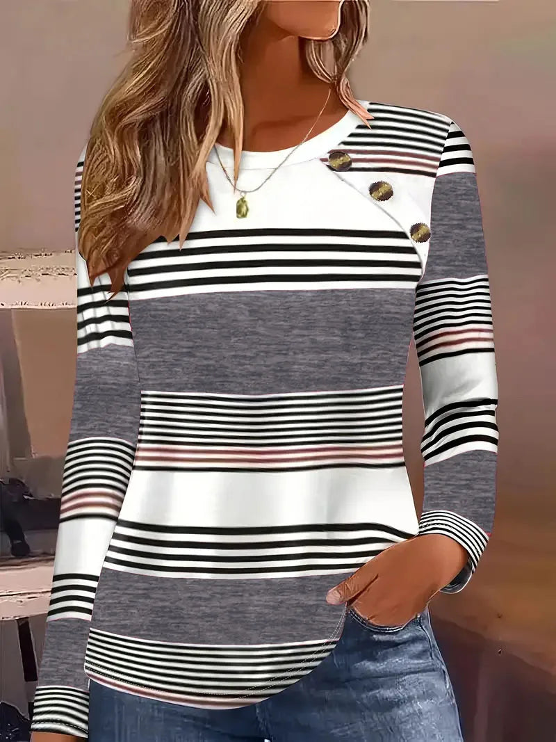 Elegant and casual button-front striped women's T-shirt, long-sleeved T-shirt with gray and white horizontal stripes, round-neck