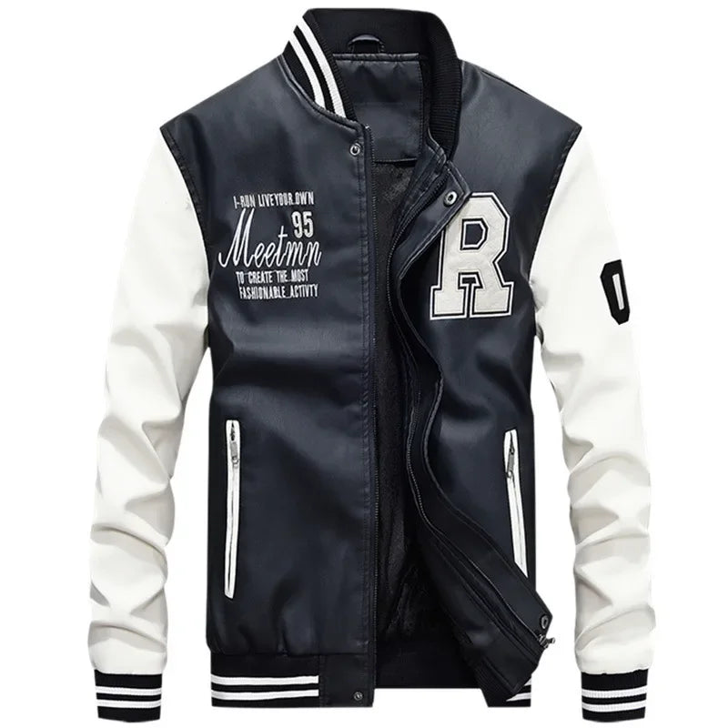 Spring Autumn New Men's Baseball Jacket Fleece Lined PU Leather Biker Coat Casual Loose Fit Fashionable Youth Outerwear