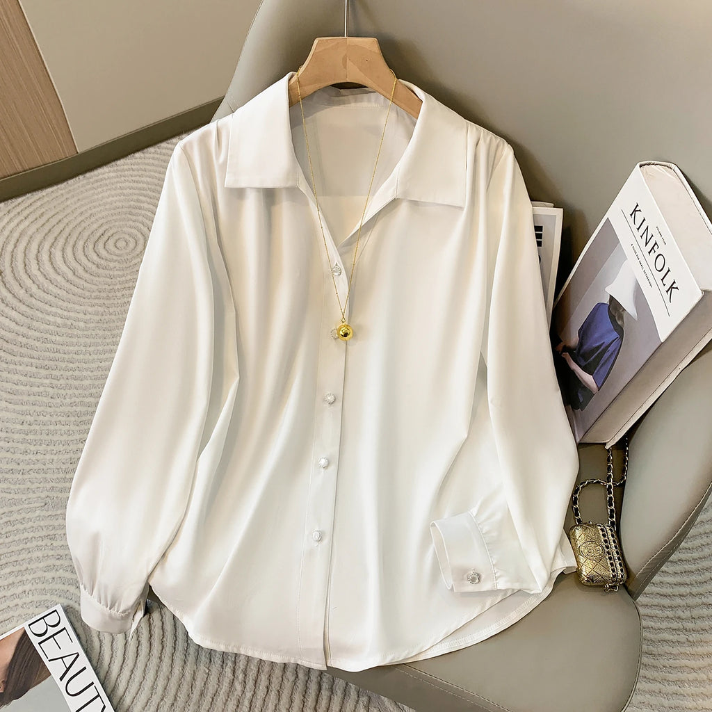 White Long Sleeve Polo Collar Shirt for Women Plus Size Spring Autumn Fashionable Base Layer Blouse French Style Premium Feeling